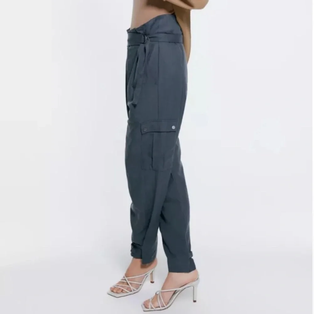 ZARA Woman’s Jules High Rise Tapered Leg Trousers with Belt and Pockets Size XL